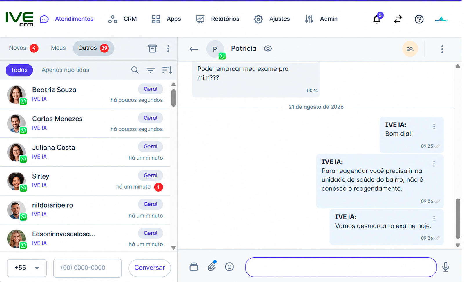 Visão do IVE CRM: funil comercial, atendimento e IA em operação
